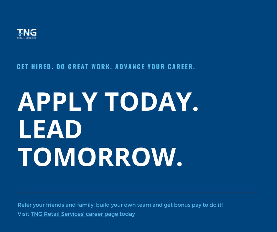TNG_Retail's tweet photo. Know anyone looking for a career path?  TNG Retail Services is hiring immediately all around the Nation!  Visit our career page for opportunities in your area.
https://t.co/azL8EXP5M6 https://t.co/QqMObLPYkL