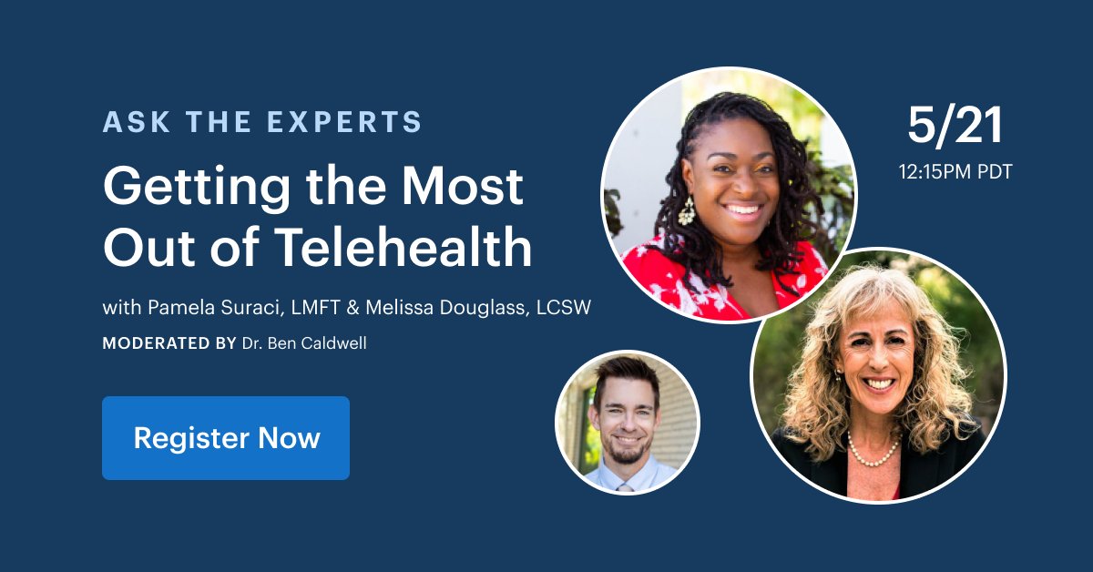 simplepractice's tweet image. Still have some questions about #telehealth? Join behavioral health experts Pamela Suraci, MA, LMFT, CIRT and Melissa Douglass, MSW, LCSW on Thursday, May 21st at 12:15pm PT for an interactive Q&amp;amp;A session. 

Register here. 👉🏼 bit.ly/2yaoRwk 
#stayhome #mentalhealth