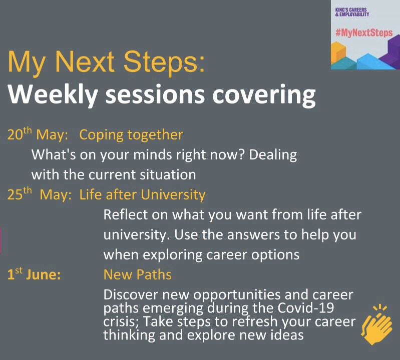 kclgeogsoc's tweet image. #MyNextSteps - weekly advice content to support your career journey❗️

A series of online events and blog posts, all designed to offer information, advice and guidance to students looking to manage their employability over the upcoming months! 
Visit kcl.ac.uk/careerconnect