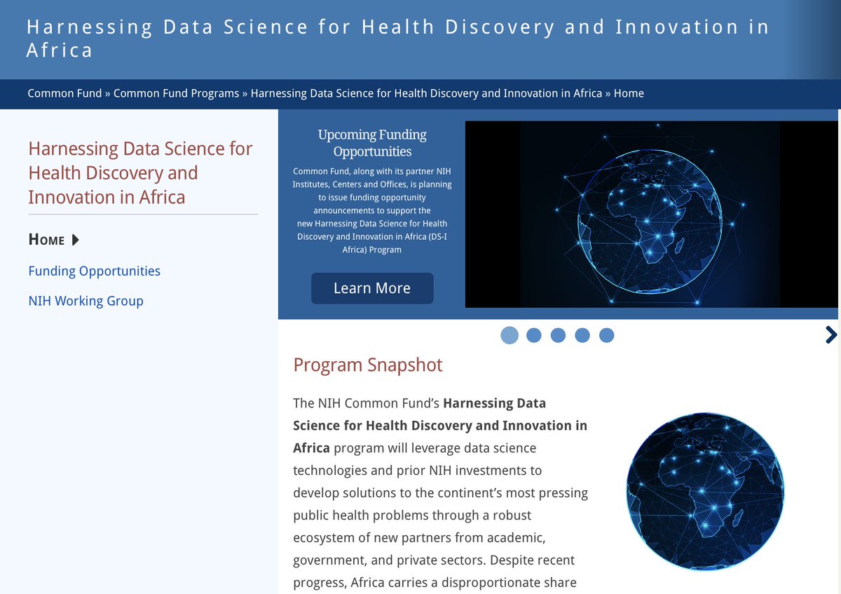 DS-I Africa: 58 million over five years to support: data science and innovation research focused on key health problems; data science training programs; research projects that examine ethical, legal and social implications of data science research in Africa.