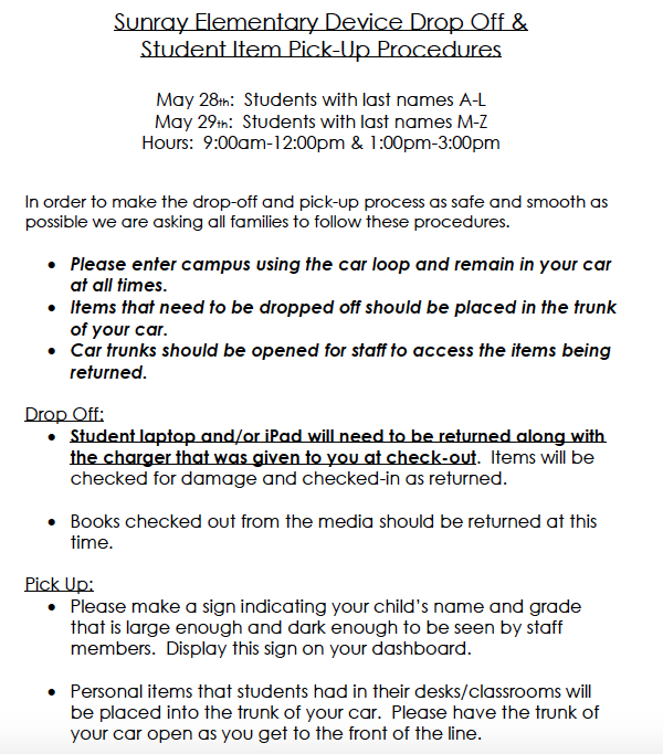 sunrayexplorers's tweet photo. Device Drop Off / Item Pick up May 28th-29th.  Directions attached. https://t.co/ygo6rGjODw
