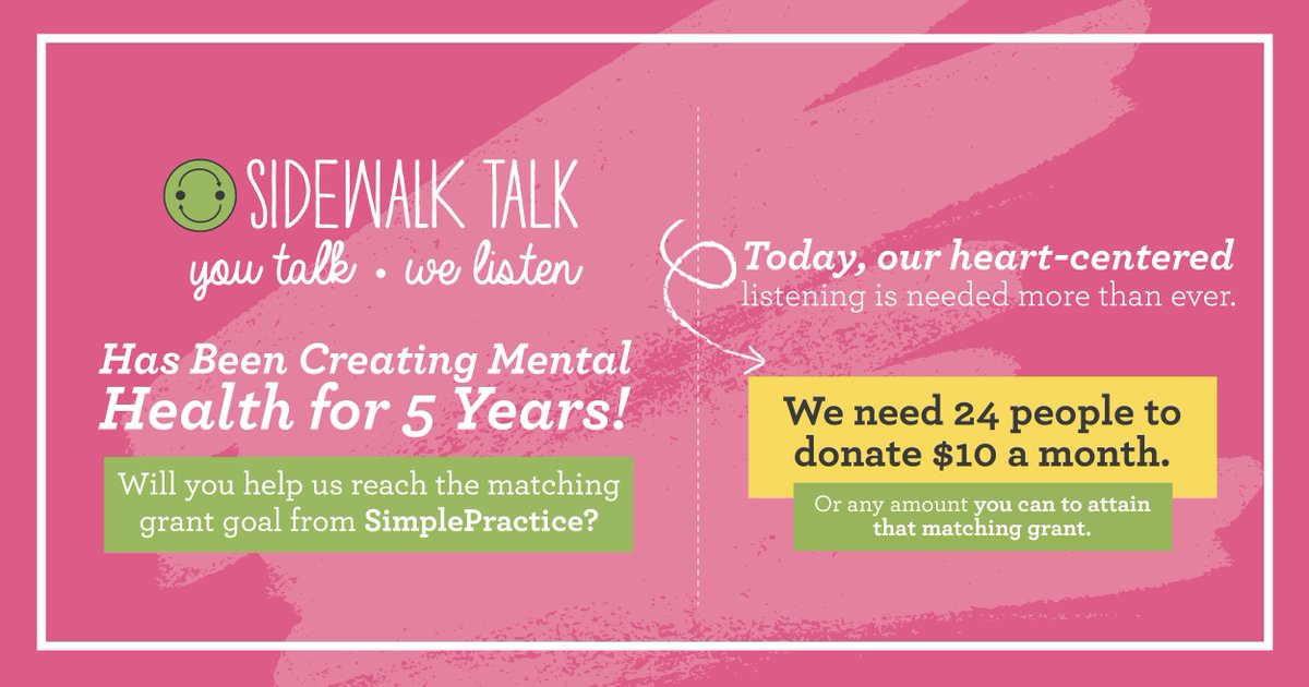Sidewalktalkorg's tweet photo. We are halfway through #MentalHealthAwarenessMonth! YOU have stepped up to help us raise $1,583 toward our goal of $3,400 that is available for matching from our friends at Simple Practice and A Good Place Therapy &amp; Consulting. Double your donation here: https://t.co/GQT3IoH6yu https://t.co/LEInGsG0vc