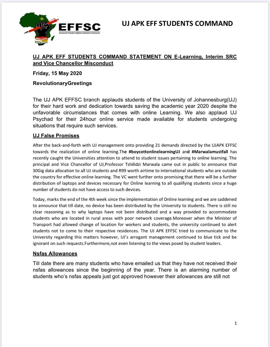 UJ_APK_EFFSC's tweet photo. UJ APK EFF STUDENTS COMMAND STATEMENT ON E-LEARNING,INTERIM SRC AND VICE CHANCELLOR MISCONDUCT
#MarwalaMustFall
#day50oflockdown
@eNCA @SABCNews @News24 https://t.co/wT5S5NNy11