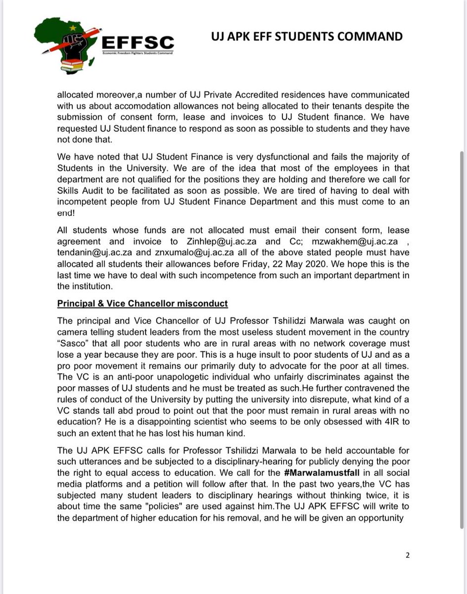 UJ_APK_EFFSC's tweet photo. UJ APK EFF STUDENTS COMMAND STATEMENT ON E-LEARNING,INTERIM SRC AND VICE CHANCELLOR MISCONDUCT
#MarwalaMustFall
#day50oflockdown
@eNCA @SABCNews @News24 https://t.co/wT5S5NNy11