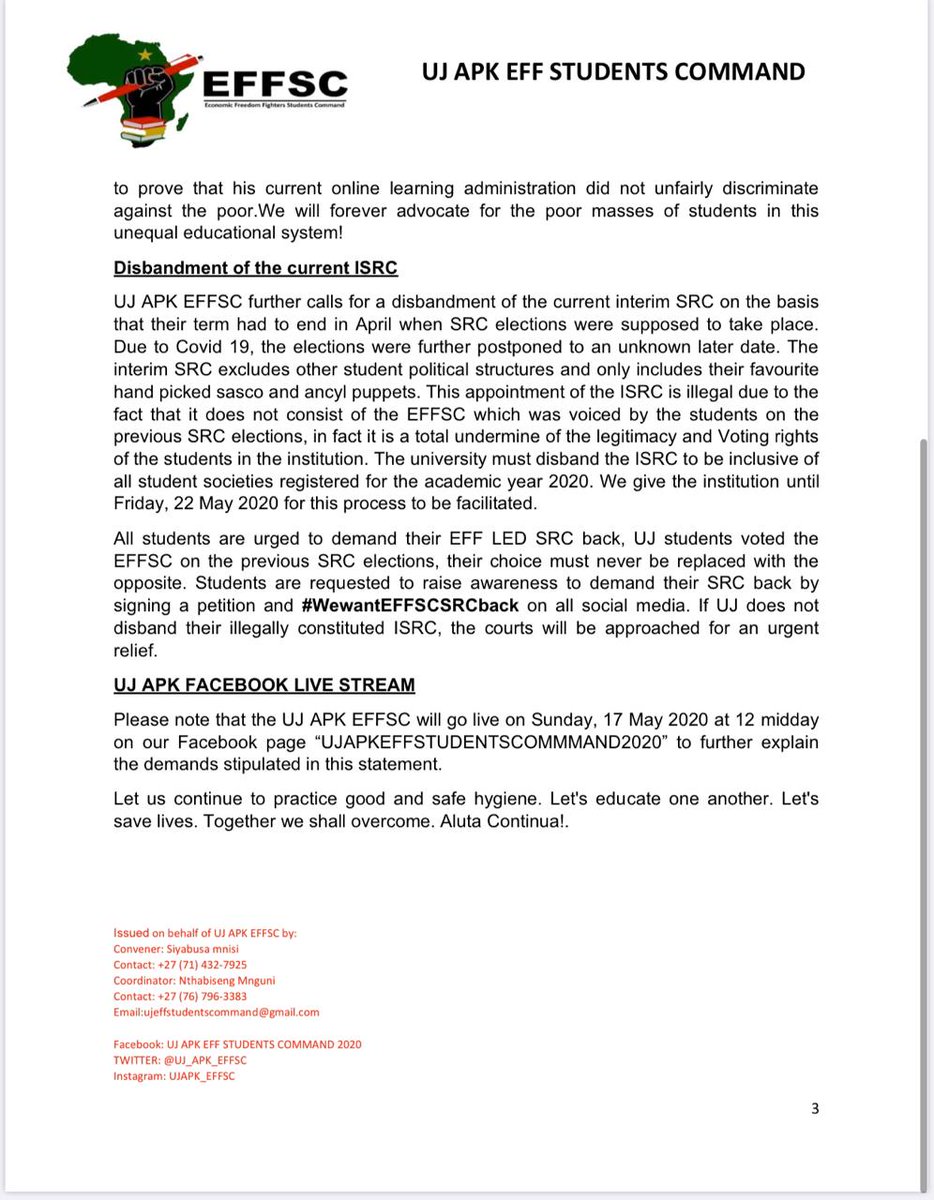 UJ_APK_EFFSC's tweet photo. UJ APK EFF STUDENTS COMMAND STATEMENT ON E-LEARNING,INTERIM SRC AND VICE CHANCELLOR MISCONDUCT
#MarwalaMustFall
#day50oflockdown
@eNCA @SABCNews @News24 https://t.co/wT5S5NNy11