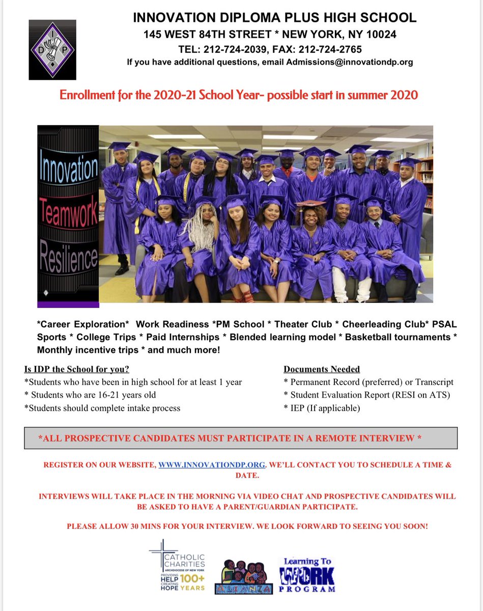 Innovation Diploma Plus HS is currently enrolling students for the 2020-2021 SY! #nycdoe #access #citywide #transferhighschools #championsforchildren #manhattan #nyc