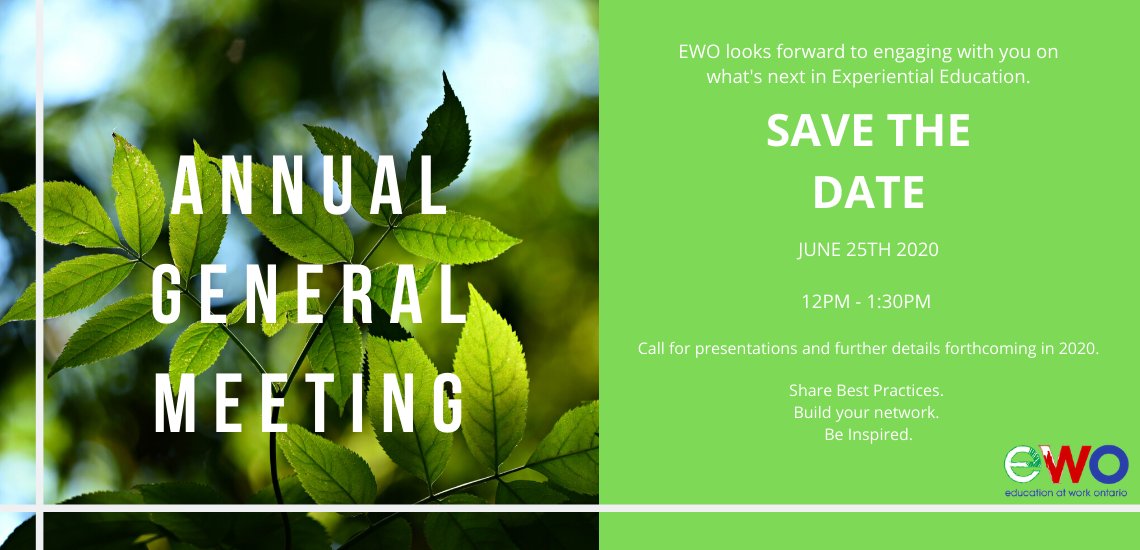 Save the date for our virtual AGM on June, 25th from 12 to 1:30 pm.  Vote on important changes, achievements of the year past and dialogue about the year ahead. Don't miss it! Registration details are forthcoming. Our PD Conference will now be held mid-Fall, date TBA. #EWO2020