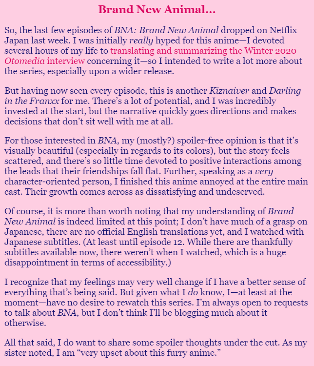 GoopMarshmallow's tweet photo. I didn't want to crosspost this on Michiru's birthday, but here is my opinion on Brand New Animal and why I probably won't be talking about it much.

But it's worth noting that there *are* now official English subtitles available on Netflix Japan!

Link: https://t.co/uuP0TrTCOo https://t.co/mPr0RpJ79q