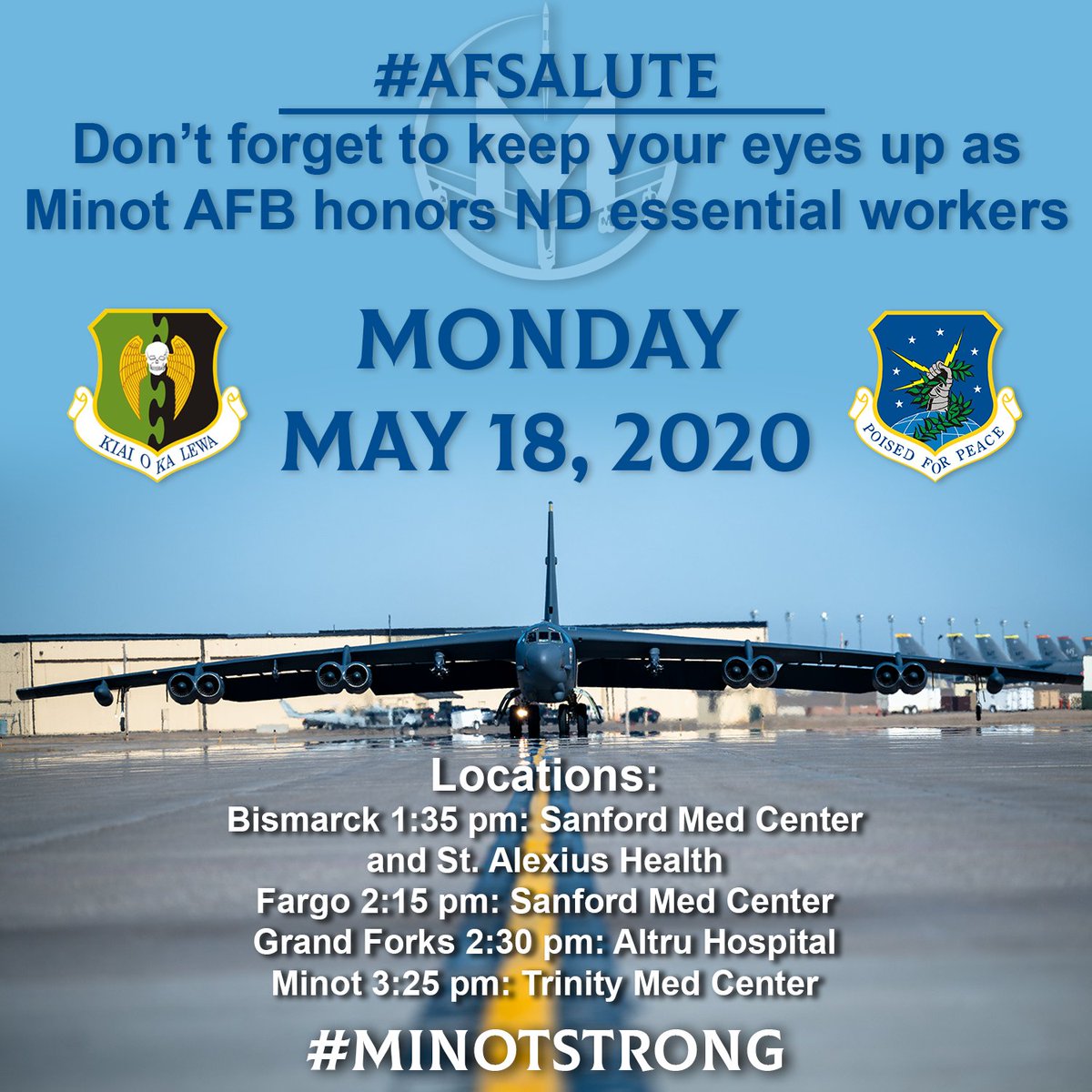 TeamMinot's tweet photo. The #countdown begins! #AFSalute flyover for North Dakota #essentialworkers is today! https://t.co/TzQvWPw4qO