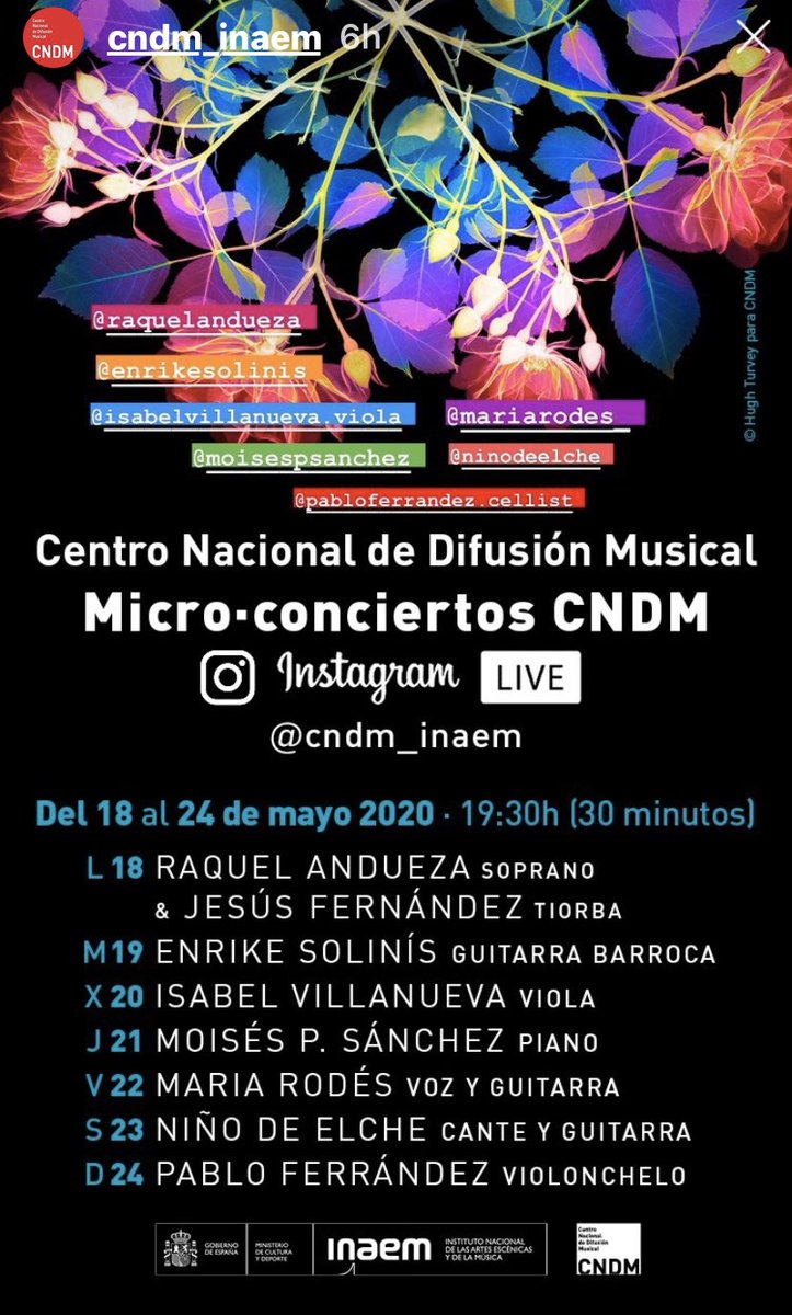 El <a href="/cndm_inaem/">CNDM</a> ofrece a diario una interesante programación de #microconciertos a través de su cuenta de #instagram con algunos de los artistas que asiduamente actúan dentro de sus diferentes ciclos de música. Una magnífica iniciativa que hay que seguir muy de cerca! 👍