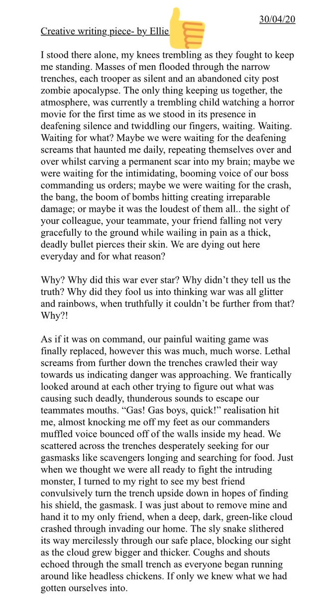MrsLMulligan1's tweet photo. This amazing creative writing piece was crafted by Ellie O in Y9! It is based on Wilfred Owen’s poem Dulce Et Decorum Est about life on the front line during WW1! https://t.co/tIhbyZl9Bw