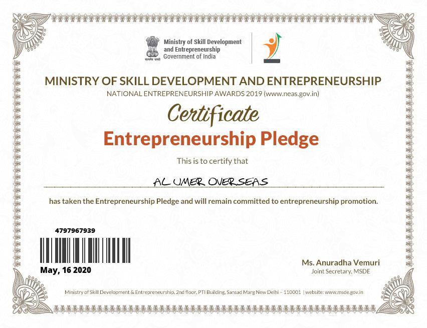 Finally I got it MINISTRY OF SKILL DEVELOPMENT AND ENTREPRENEURSHIP CERTIFICATION.