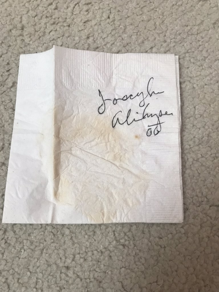 jocelynsmith's tweet photo. When @94Shane_ and I first moved to Kentucky, we saw @alicecooper at the Cheesecake Factory bar. Peep the dirty signed napkin https://t.co/6IEZ32VEMF