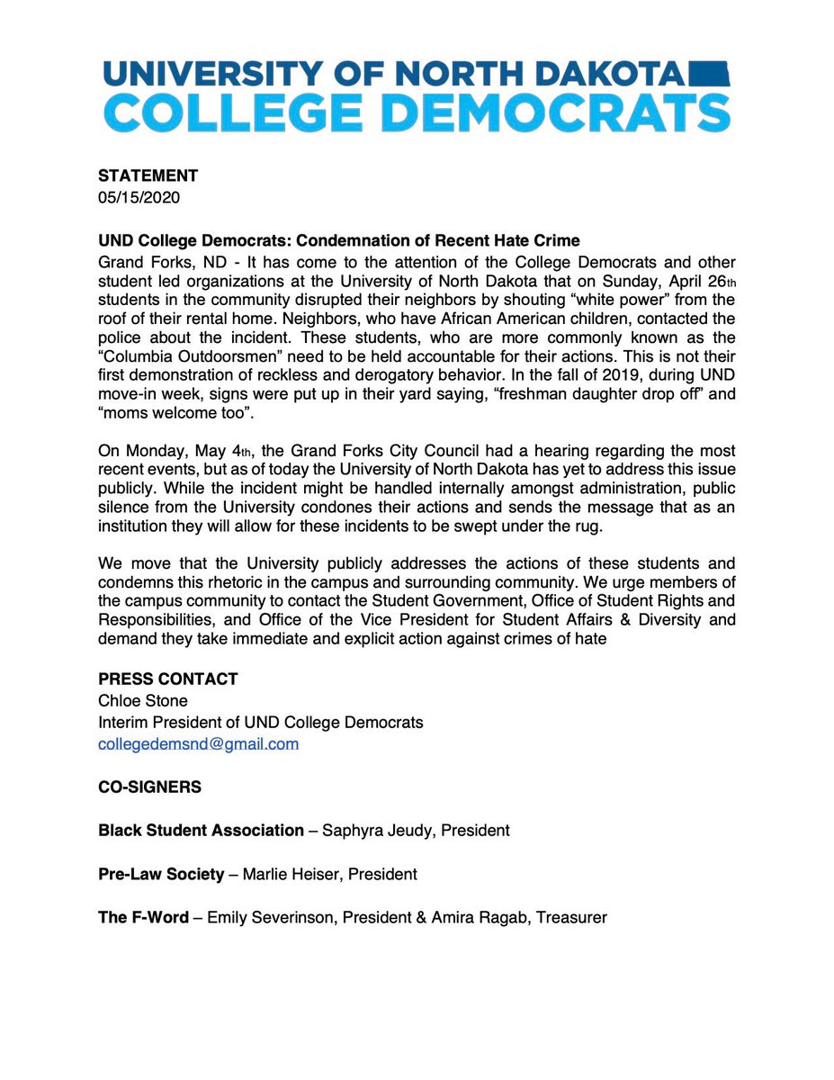 unddems's tweet photo. The University of North Dakota College Democrats has released a statement in regards to a hate crime committed by university students in the community. https://t.co/3T3Uilcnzj