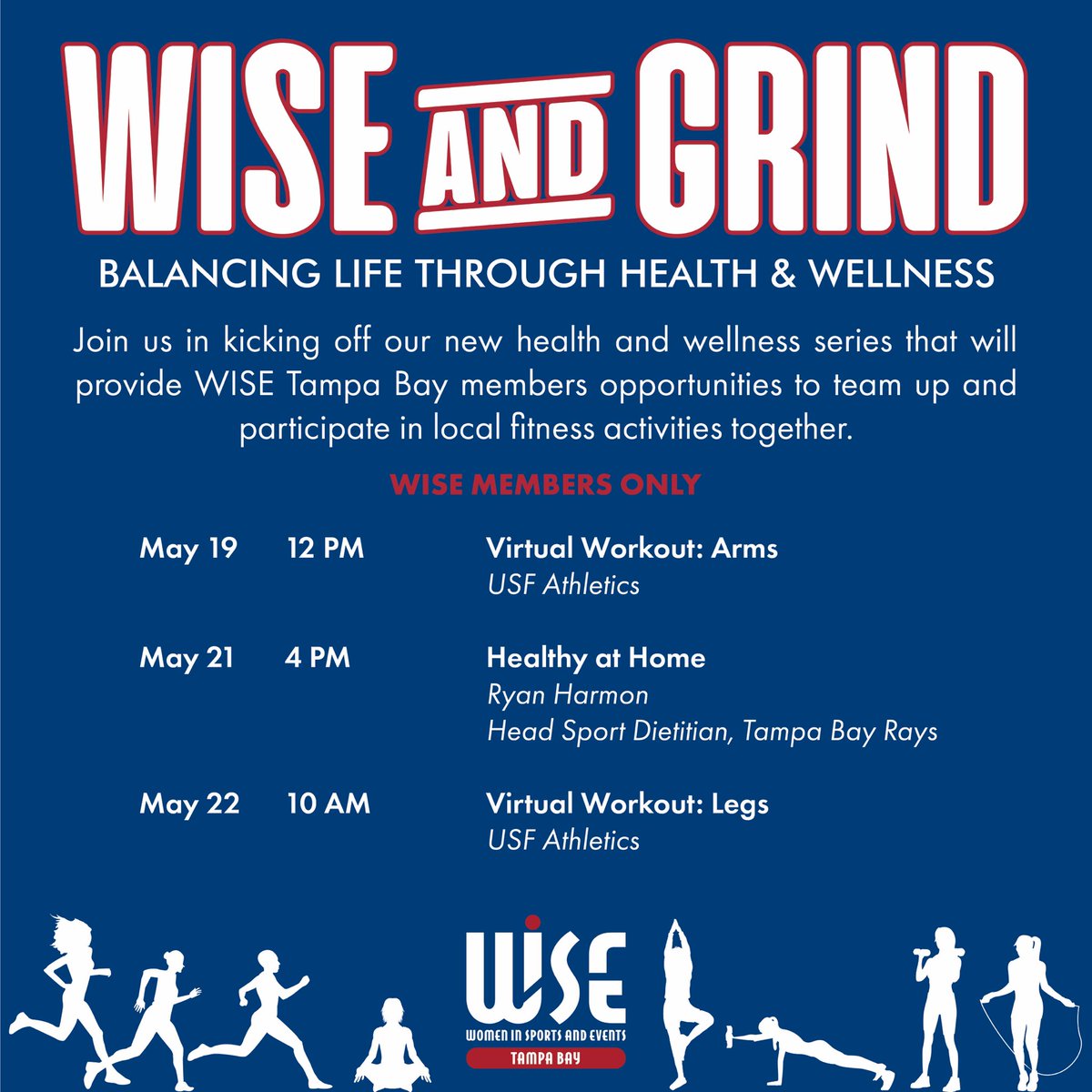 Introducing our newest series, WISE &amp; Grind! Our first session is on Tuesday with <a href="/USFAthletics/">USF Athletics</a> 💪🏻 Register at wisetb.org today! #WISETB #WISEVirtualEvent