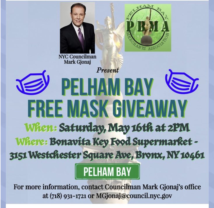 MarkGjonajNY's tweet photo. Join us tomorrow for two #MaskGiveaway events in #PelhamBay and #CountyClub #D13 Thank you Pelham Bay Merchants Association and Country Club Civic Association for your partnership. https://t.co/JdsEUYz8f6