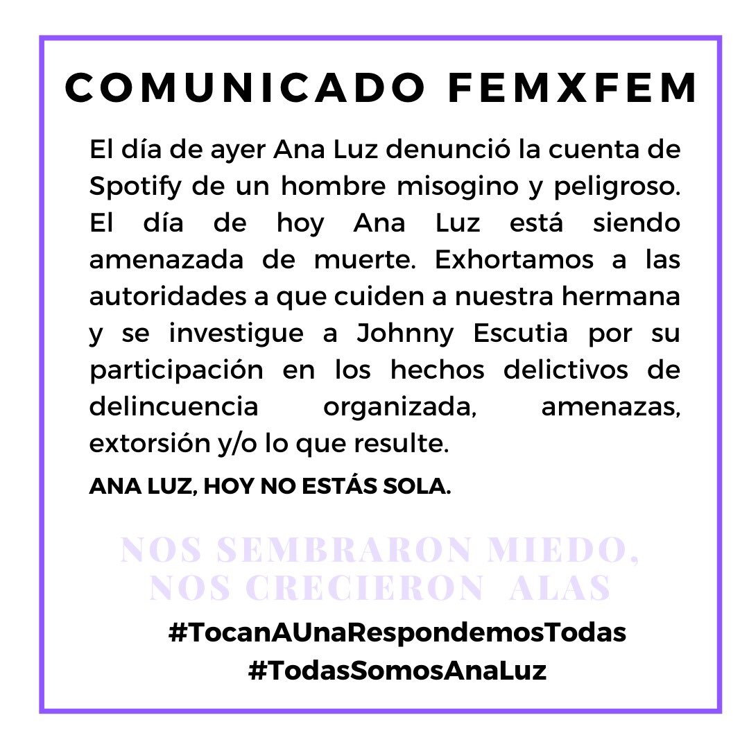 femxfem_'s tweet photo. ⚠️ HAGAMOS TT #TocanAUnaRespondemosTodas #TodasSomosAnaLuz 
Posicionamiento. YA NADA NOS CALLA, YA TODO NOS SOBRA. SI TOCAN A UNA, RESPONDEMOS TODAS!! @analuzsaso 

‼️ Les dejamos la plantilla por si quieren agregar el nombre de su colectiva o a título personal y sumarse ‼️ https://t.co/gz3MO1kcat