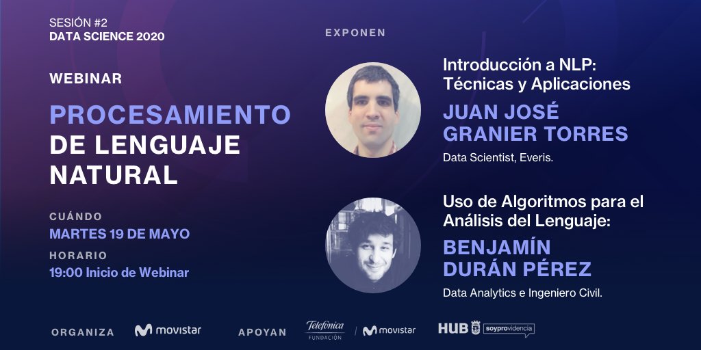 EcoMovistar's tweet photo. WEBINAR: Procesamiento de Lenguaje Natural

A través de ejemplos reales, conoceremos más sobre el Procesamiento del Lenguaje Natural y la forma que utiliza para comunicar máquinas y personas.

INSCRIPCIÓN:  https://t.co/r2sAJ46zyS

@hubprovidencia, @FTelefonica_CL https://t.co/nrI0iKaiJX