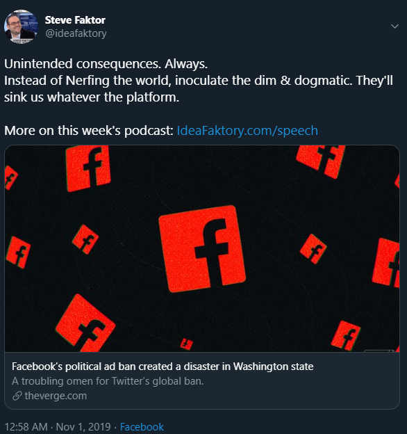 Platforms shouldn't enforce or elevate government truths, "authoritative sources", or certain voices above others. You'll never save the stupid from themselves by weakening freedom of expression - or the tools needed to push back on authority. The only defense is fewer dummies.  https://twitter.com/picardonhealth/status/1261325345308971015