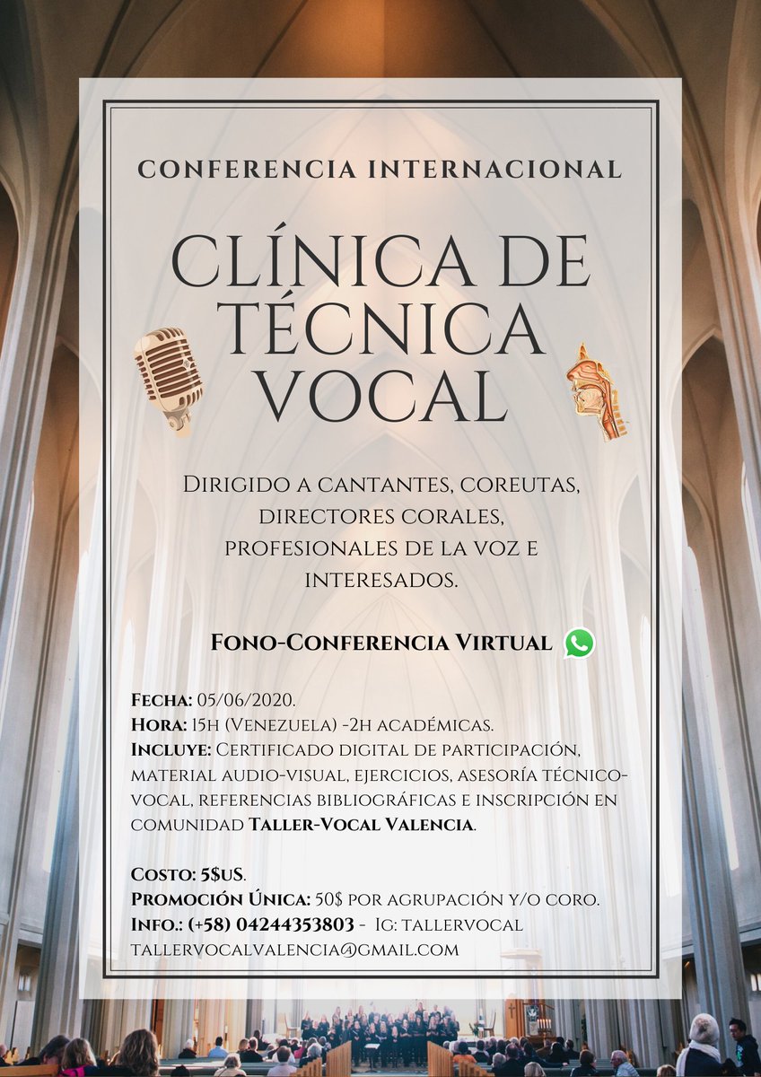 CONFERENCIA INTERNACIONAL CLÍNICA DE TÉCNICA VOCAL #Virtual
* 5 de junio 2020
* IG: <a href="/tallervocal/">LOCUTOR ESTRELLA</a> 
* Información: +58 424 4353803
* tallervocalvalencia@gmail.com
#Cantantes #Canto #Coro #OnLine 
<a href="/taller_vocal/">Taller Vocal Valencia</a>