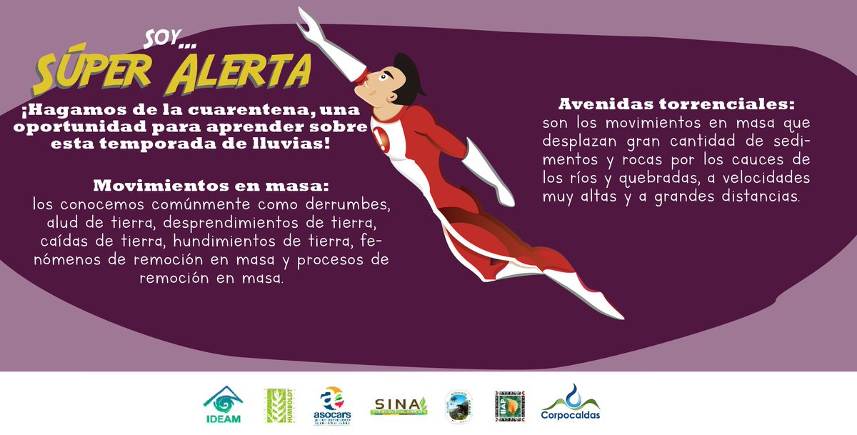 Corpocaldas's tweet photo. ¿Qué tanto sabes sobre la #TemporadadeLluvia? con Súper Alerta aprendemos en familia sobre los conceptos básicos y claves para entender este fenómeno. En casa me cuido y cuido a los míos. #QuedateEnCasa https://t.co/FeVMRXDc7H