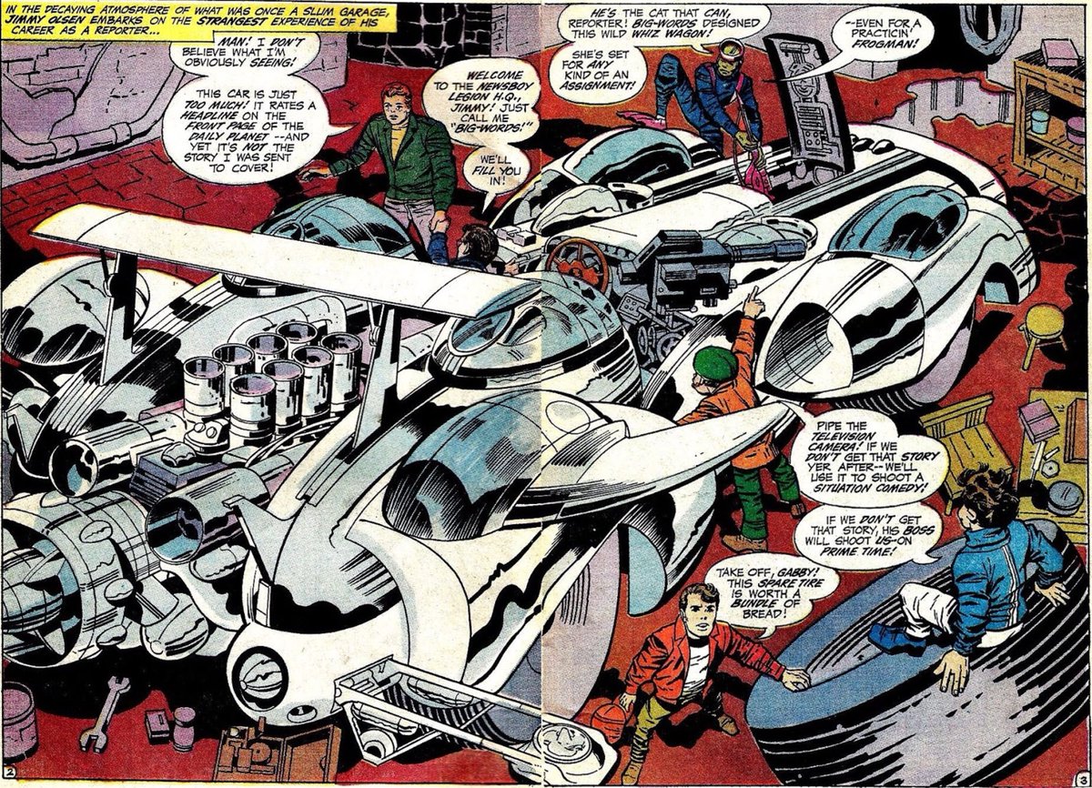 Kirby was shaking things up. For perspective, first we see Jimmy Olsen 132, a goofy bowtie boy human cannonballing to fight mobsters drawn in the competent workhorse dc house style, and then the second panel of Kirby’s takeover in 133 with this sprawling sci fi car and hip olsen