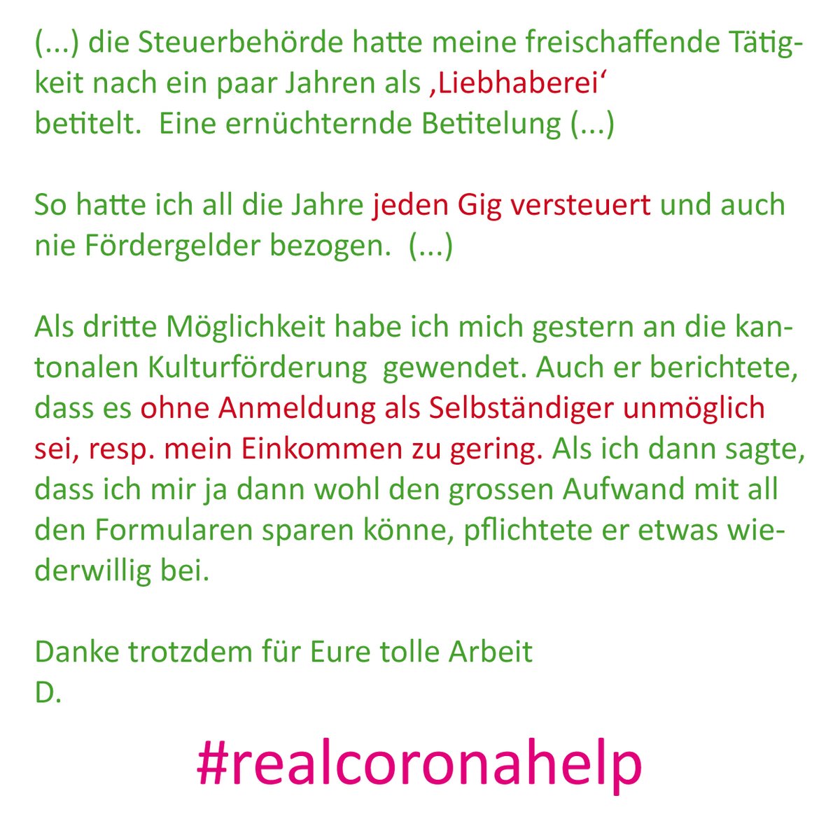 #realcoronahelp Ein paar Beispiele, wie das für Kulturschaffende funktioniert... Corona-Erwerbsersatz ist wichtig, so kann es aber nicht gemeint sein. Oder? Wer hat ähnliche Erfahrungen? Bitte zeigen.
#BSV #SECO #EDI @syndicom_de <a href="/GewerkschaftSGB/">SGB</a> <a href="/SchmezerUeli/">ueli schmezer</a>