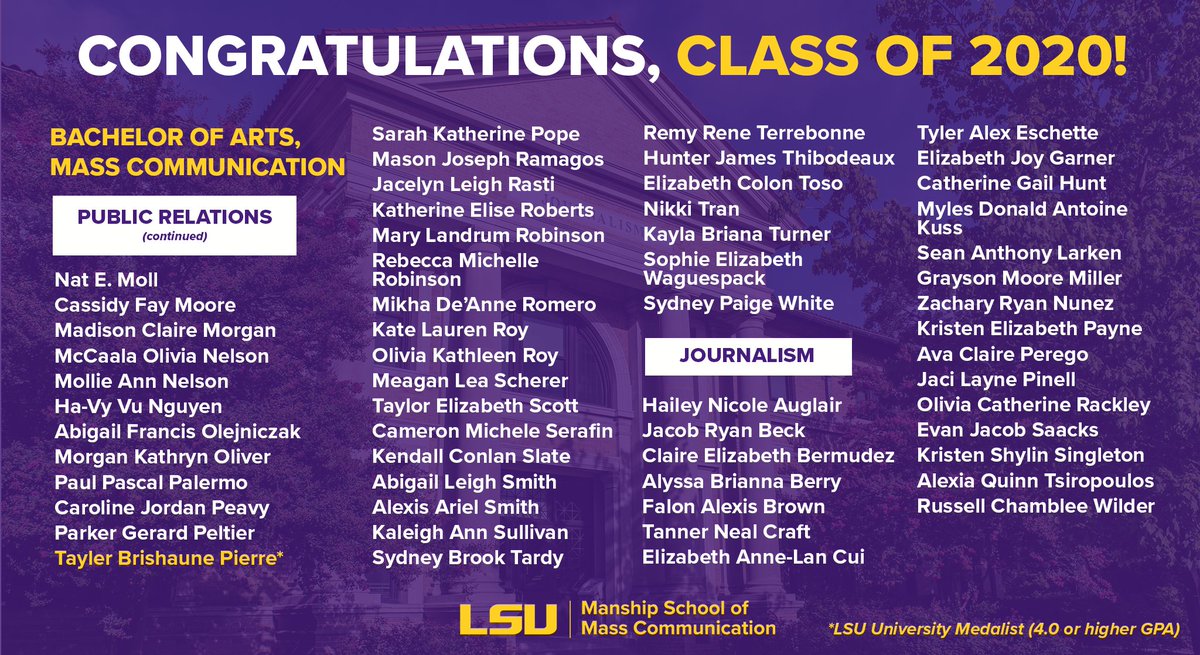 ManshipSchool's tweet photo. Congrats to our outstanding #Classof2020 Manship grads! We proudly recognize:

🎓 173 students earning a bachelor's degree in mass communication
🏅 10 @LSU University Medalists (4.0+ GPA)
 
(We're not crying. You're crying!) CAN YOU TELL WE'RE PROUD? 💜💛 #LSUGrad #GeauxManship https://t.co/0KBJMLUh6G