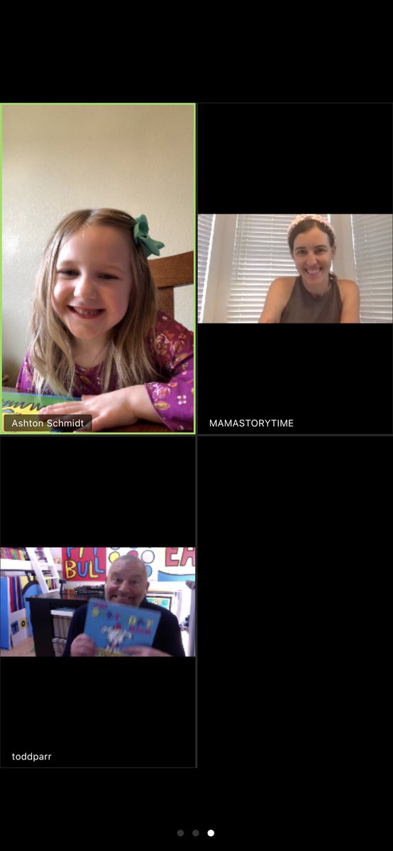 mrsschmidtabc's tweet photo. What does a kindergarten girl do during the pandemic? They visit with their favorite author. 😍 Thank you @toddparr and Mama Story Time for this great opportunity! Fun was had by all, and it is a memory Ellory will keep forever. https://t.co/0hl5KKzXP8