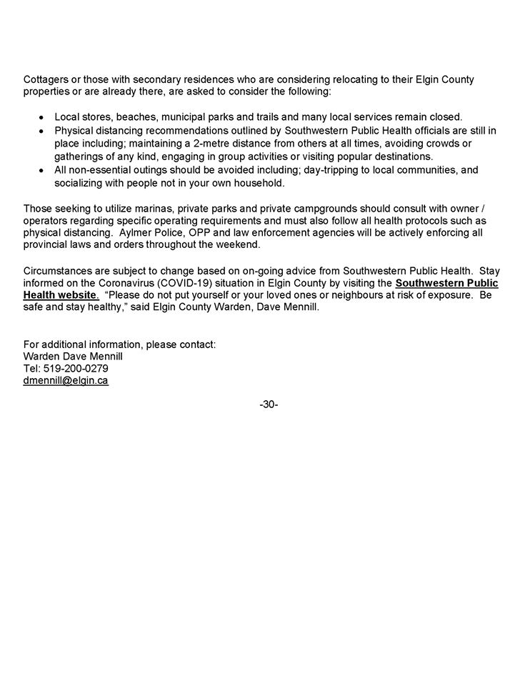 ‼️For immediate release - As the first long weekend of the season approaches, we would like to remind all #ElginCounty residents, seasonal residents, cottagers and valued visitors to act responsibly and continue to avoid all non-essential travel. Read more below