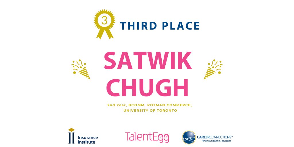 TalentEgg's tweet photo. We're thrilled to announce the winners of the #PitchCompetition with @find_your_place &amp; #InsuranceInstitute! 🎉

Congrats to 1st place winner Mackenzie, 2nd place winners Maxime, Julia and Hosseyn, and 3rd place winner Satwik! @Laurier @mcgillu @RotmanCommerce @UofT https://t.co/IYRNSAEyhx