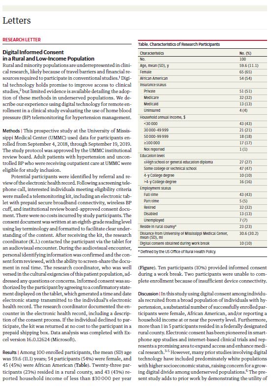 dc3md's tweet photo. Our research supports utilizing digital consent to⬆️inclusion of rural &amp; low-income populations in clinical trials. @JAMACardio https://t.co/YR4Q3rxD6b https://t.co/MJksvGckUN