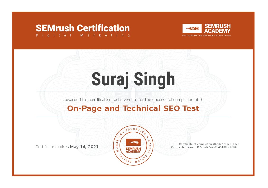 surajranaseo's tweet photo. Happy to share these new certificates from #SEMrush, thank you SEMrush Academy team for your training and learning material. @semrush #semrushacademy #semrushchat #seo #seotraining #semrushexam https://t.co/GsNQU3Wab0