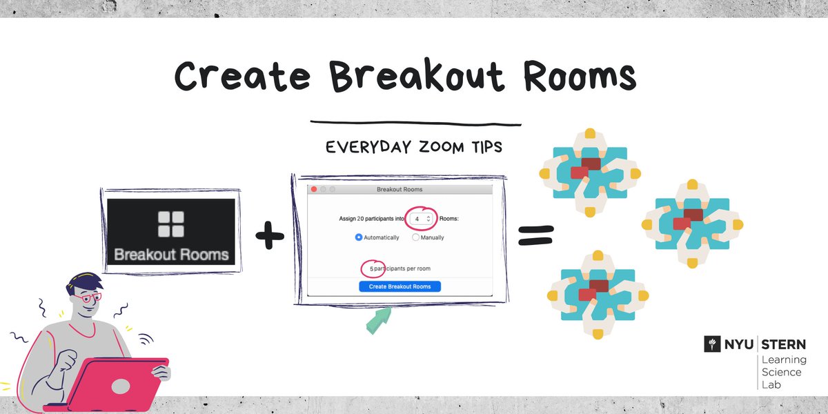 Launching Breakout Rooms from Zoom

1. Click Breakout Rooms in the Zoom toolbar
2. Choose the the # of rooms automatically/manually create
3. When you're ready,  click “Create Breakout Rooms” 
4. Click Join to visit the rooms from the main session

#nyustern #zoomtips