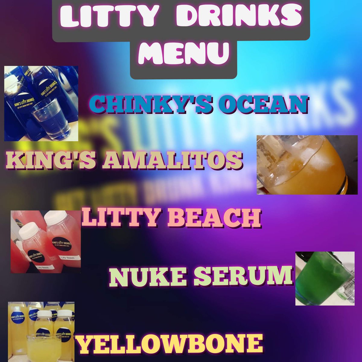 KingsLittyDrink's tweet photo. The New King's Litty Drinks Menu is out ! You DON'T want to miss this π₯
Yes I travel , Deliver and Ship out of state ! ππ½
IG @KingsLittyDrinks
#kingslittydrinks #LittyDrinks #Officialmenu #mixeddrinks #supportsmallbusiness #Getlittythekingway https://t.co/BFASyqVdMw