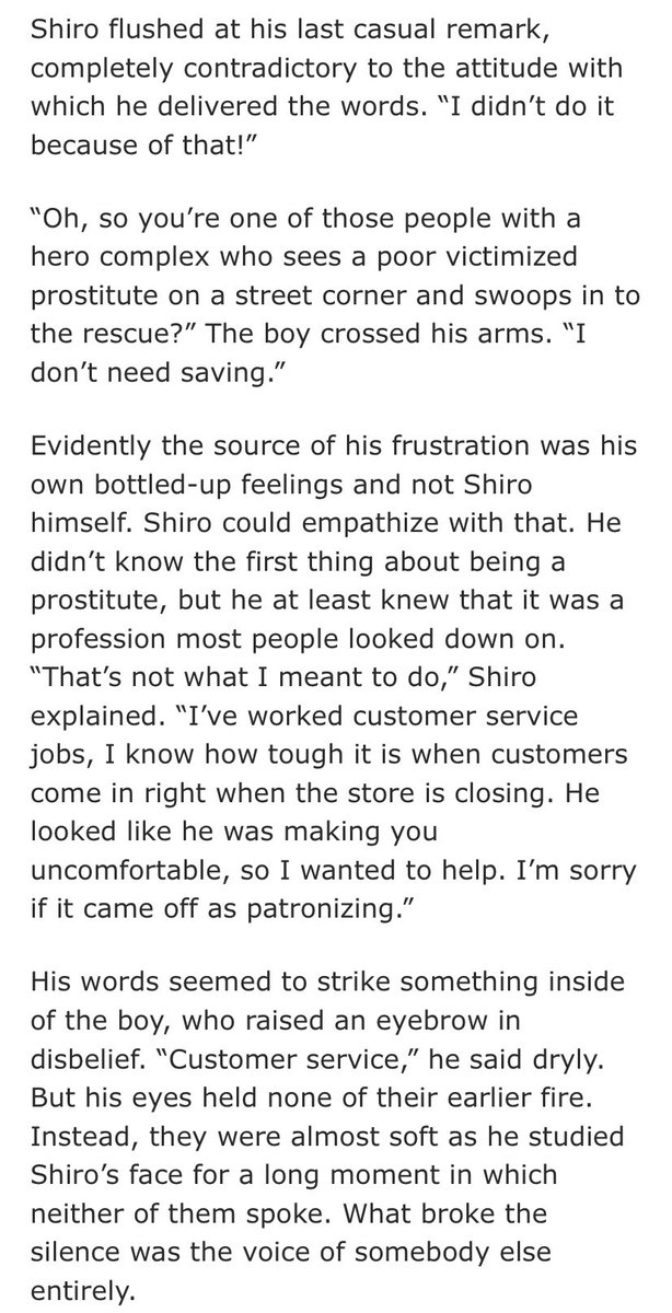 12. most treasured fic is probably still burn bright.. it’s my favourite piece i’ve ever written  sneak preview from ch1 when shiro pretends to be callboy keith’s bf to scare off a client https://archiveofourown.org/works/12002013/chapters/27156507