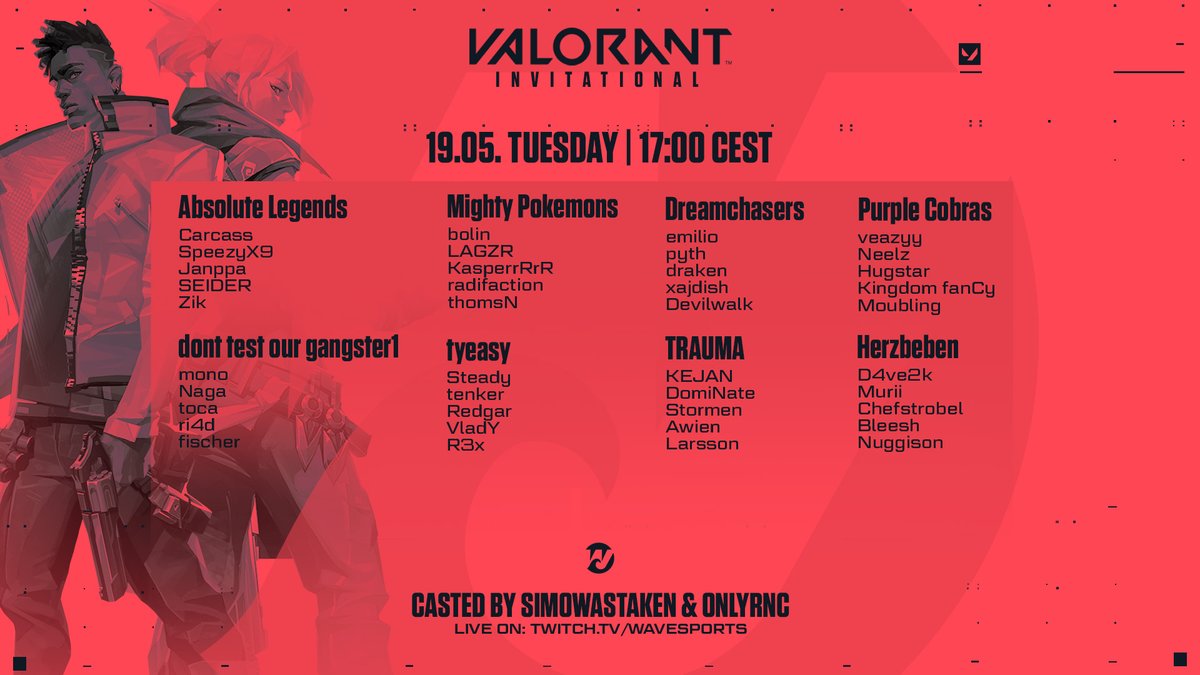Our 1000€ Invitational is taking place on Tuesday the 19th at 17:00 CEST.

Casted Live by @simowastaken &amp; @OnlyRNC
on twitch.tv/wavesports 

The teams playing have been included in the graphic below, who are your favourites?

Follow @WaveVAL for updates!