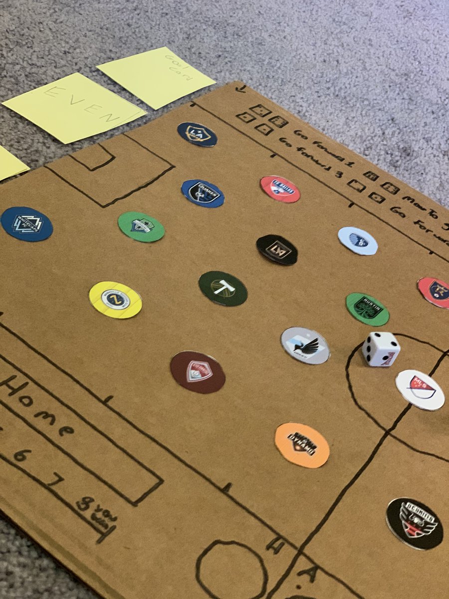 Hey <a href="/MLS/">Major League Soccer</a> and <a href="/thesoccerdon/">Don Garber</a> — my son couldn't wait for a return to soccer so he created his own board game — "MLS Match Day Madness." He's already played out the first cup-style tournament (congrats <a href="/NERevolution/">New England Revolution</a>) but I'm pulling for <a href="/NashvilleSC/">Nashville SC</a> in tourney #2.