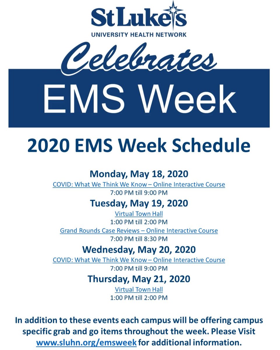 sluhnems's tweet photo. This years EMS Week is unprecedented in many ways and while it may not be at the top of everyone's minds we believe it is important  that we recognize each others service to our communities. Here is a listing of some of the events scheduled for next week. https://t.co/aL2MwMCyMI