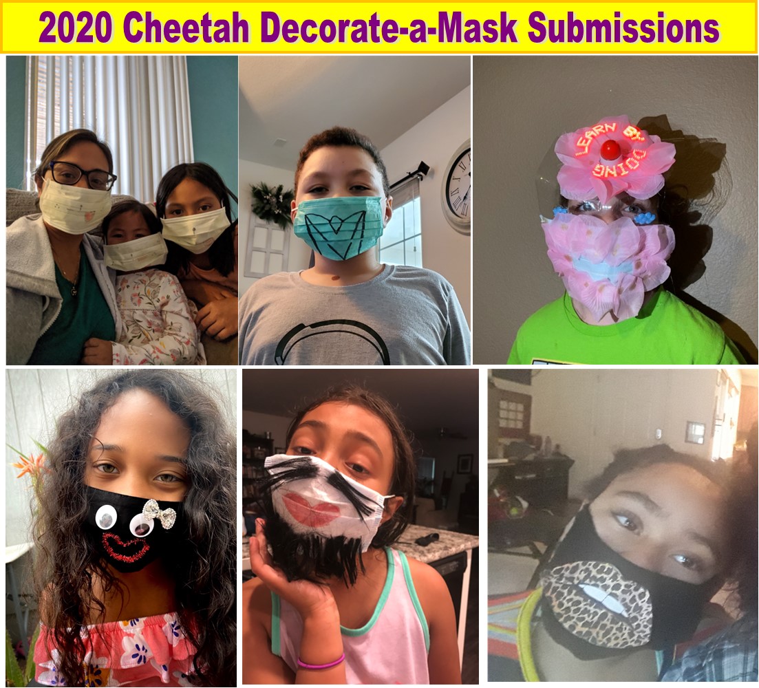HAHCheetahClub's tweet photo. Check out the Cheetah 2020 Decorate-a-Mask submissions! These participants have a chance of winning a $50 meal delivery or one of several Scholastic prizes.  #gocheetahs https://t.co/X1sJkH9nug