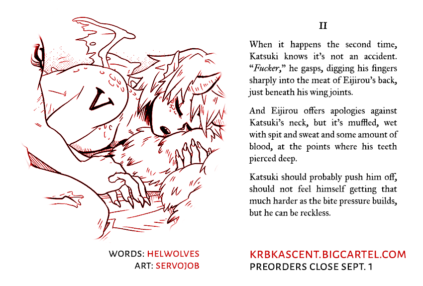 helwolves's tweet photo. "waymarking" (kiribaku, rated M, 442 words) https://t.co/x20vNolH1P

My second piece for @krbkascent, in which the dragon and the prince both leave their marks. Illustrated by @Servojob. https://t.co/VqzIMf291a