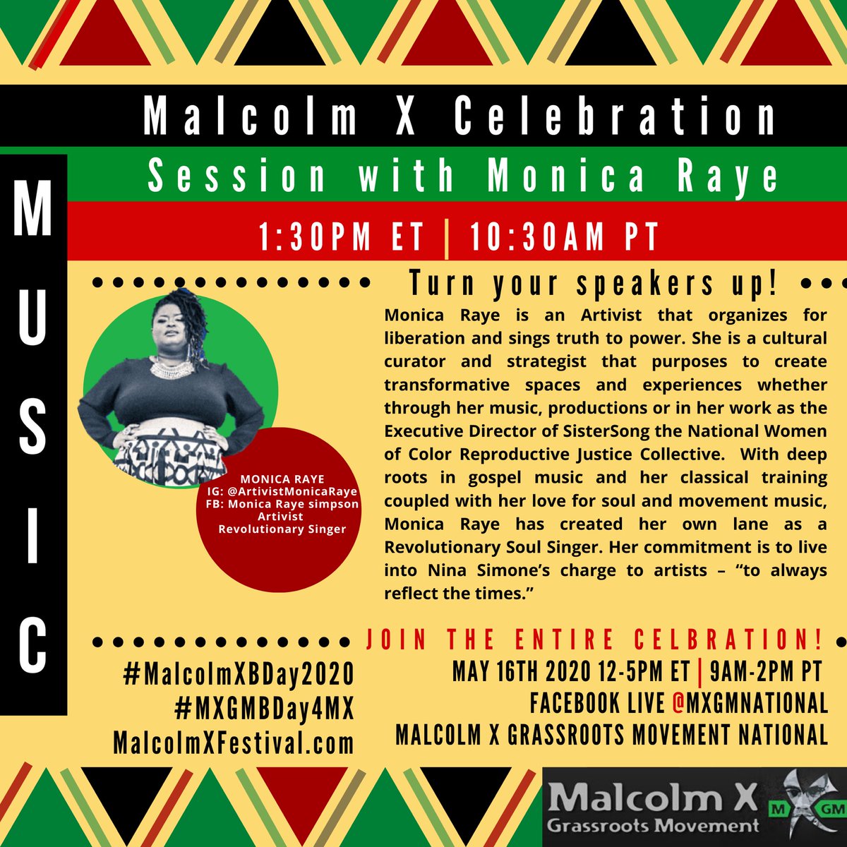 KaranjaKeita's tweet photo. Join the #MalcolmXGrassrootsMovement online via IG or Facebook Live on May 16th, 2020 from 12-5PM ET/9AM-2PM PT to celebrate the legacy of #MalcolmX. Hosted by @ifejie, including a live performance by #Artivist & #RevolutionarySinger Monica Raye! #MalcolmXBDay2020 #MXGMBDay4MX https://t.co/KTCqtwoMaO