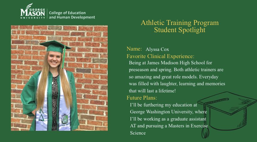MasonMSAT's tweet photo. Congratulations to #MasonATEP Class of 2020 grad, Alyssa Cox! #Classof2020 #athletictraining #MasonNation #ChooseMason https://t.co/DAQvPsG16F