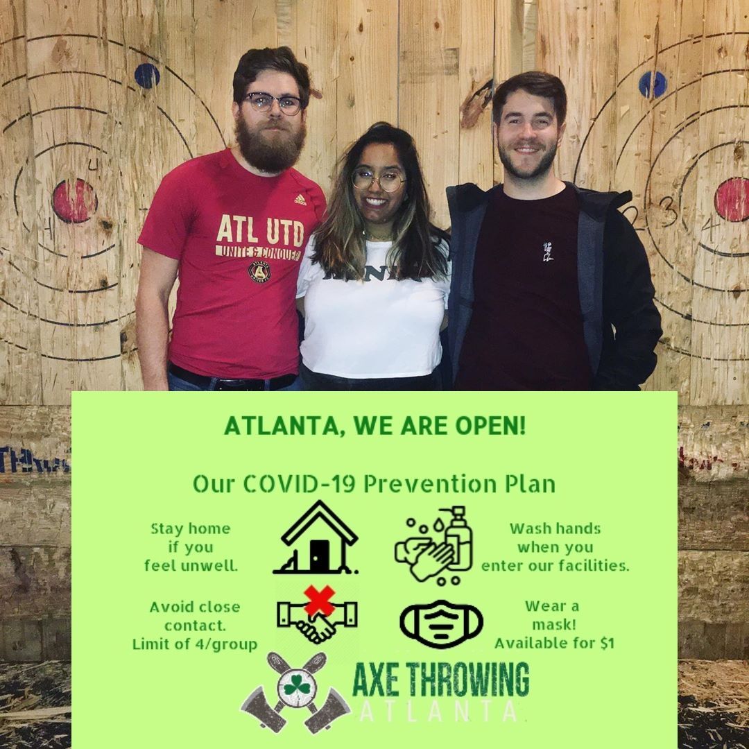AxeThrowingAtl's tweet photo. #Atlanta we are #open! We know you've been pent up at home, and now we're ready to help you get that energy out! Join us for an hour of axe throwing ⚔️ #covid19 #atlantabusiness #atlantafun #axethrowing #summer #summerfun #family #friends #sports https://t.co/annSsbeUmn