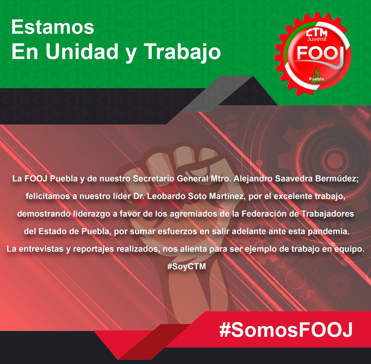 Estamos en Unidad y Trabajo. 
Reconocemos el trabajo de nuestro líder <a href="/leobardosoto/">Leobardo Soto</a> #OrgulloFOOJ #SoyCTM