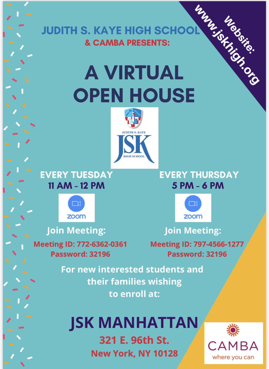 Judith S. Kaye locations are opening intake for the new school year beginning September 2020. Join them Tues &amp; Thurs for their Virtual Open House at both #queens and #manhattan locations! #nycdoe #access #transferhighschools #championsforchildren #nyc