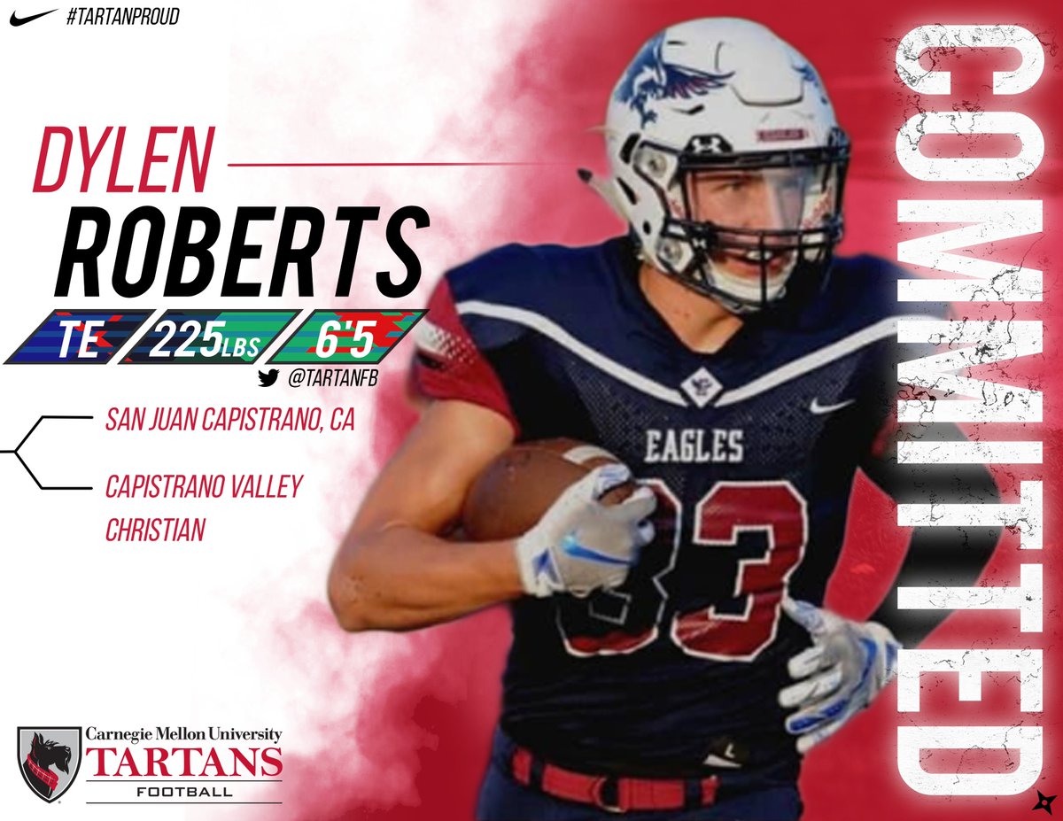 TartanFB's tweet photo. Next we welcome @RobertsDylen to the family! Dylen comes to us from @cvcs &amp; will be studying #Science at @CMUScience! #TartanProud @tartanathletics @CarnegieMellon https://t.co/U6CF8KtPgL