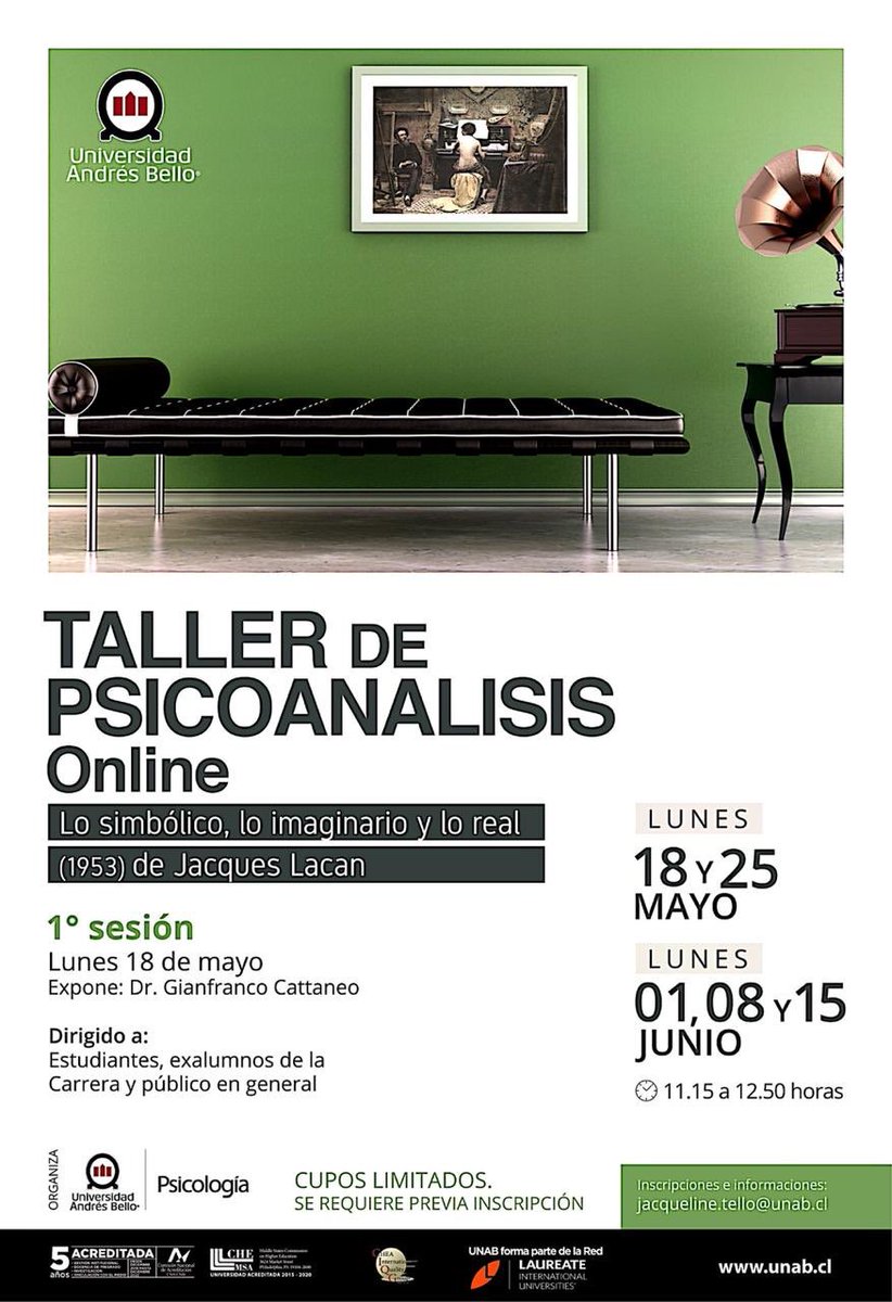 PsicologiaUnab (@psicologiaunab) on Twitter photo Taller online: LO SIMBÓLICO, LO IMAGINARIO Y LO REAL (1953) de Jacques Lacan
Expositor: Gianfranco Cattaneo, académico <a href="/PsicologiaUnab/">PsicologiaUnab</a>, Dr. en filosofía, psicoanalista, miembro de la Ecole Lacanienne de Psychanalyse.
Inscripción:
forms.gle/t54e3Pg9ahbi9Q…
Actividad gratuita Taller online: LO SIMBÓLICO, LO IMAGINARIO Y LO REAL (1953) de Jacques Lacan
Expositor: Gianfranco Cattaneo, académico <a href="/PsicologiaUnab/">PsicologiaUnab</a>, Dr. en filosofía, psicoanalista, miembro de la Ecole Lacanienne de Psychanalyse.
Inscripción:
forms.gle/t54e3Pg9ahbi9Q…
Actividad gratuita