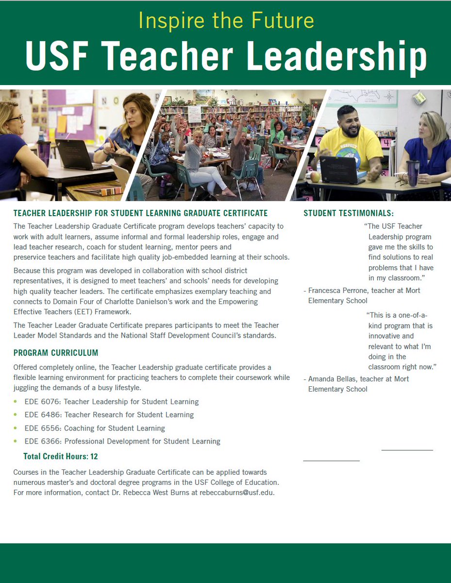 Interested in Teacher Leadership? Apply NOW to get your <a href="/educationUSF/">USF College of Education</a> Teacher Leadership Certificate! (Deadline to apply for Fall 2020 - July 24th!) Visit usf.edu/teacher-leader… for more information! <a href="/TeachtoLead/">Teach to Lead</a> @NAPDS9 <a href="/AssocTeacherEd/">ATE</a> <a href="/AACTE/">AACTE</a> <a href="/NEAToday/">NEA</a> @kappadeltapi