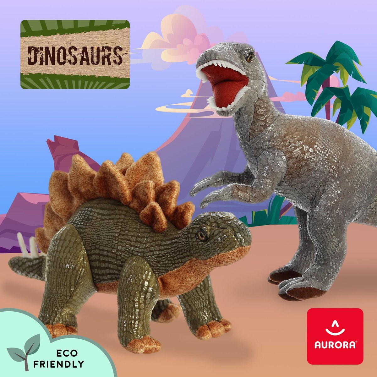 NearlyInc's tweet photo. ROAR! It's Dinosaur Day! Who is your favorite Aurora Dinosaur? This is Stegosaurus and Velociraptor chilling by an active volcano! #plush #bestplushinCanada #aurora #nearlyfamous https://t.co/ZUvhBKihr8